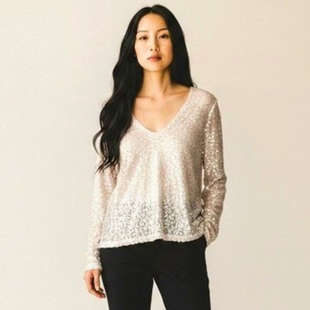Allison Joy Womens Silver Sequin Long Sleeve V-Neck Party Top Size M Pleated